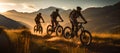 Three friends on electric bicycles enjoying a scenic ride through beautiful mountains.