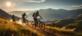 Three friends on electric bicycles enjoying a scenic ride through beautiful mountains