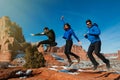 Three friends enjoying the Arches National Park freedome Royalty Free Stock Photo