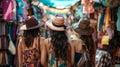 Three friends faces hidden by widebrimmed hats chat and laugh as they make way through the winding rows of stalls and . Royalty Free Stock Photo