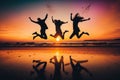 Three friends having fun at the beach. Silhouettes jumping at sunset. Spring break concept. Royalty Free Stock Photo