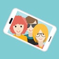 Three friends making summer selfie photo.