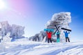 Three friends snowboarders, skier stands with ski and snowboard background blue sky with sun light. Concept extreme