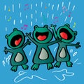 Three frogs singing in the rain Royalty Free Stock Photo