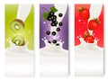 Three fruit and milk labels. Vector.