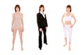 Three full length portraits of an attractive young woman wearing sportswear, swimwear and business suit Royalty Free Stock Photo