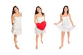 Three full length portraits of a beautfiul young woman wearing a short skirt and a summer top