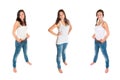 Three full length portraits of a gorgeous young woman wearing blue jeans and white top