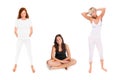 Three full length portraits of slim young women wearing white and black sportswear