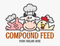 Three funny animal chefs. Compound feed logo. Chicken cow and pig icon
