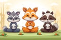 Three funny animals sit in the lotus position and do yoga in the forest.