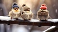 three funny birds Sparrow sitting on a branch in winter garden in a humorous knitted hat