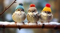 three funny birds Sparrow sitting on a branch in winter garden in a humorous knitted hats.