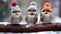 three funny birds Sparrow sitting on a branch in winter garden in a humorous knitted hats. Royalty Free Stock Photo