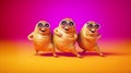 Three funny dancing maggots wearing sunglasses, cartoon style, simple vibrant background