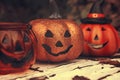 Three funny Halloween pumpkins. Autumn mood photo Royalty Free Stock Photo