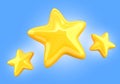 Three game ui stars, rate or gui design elements, assets for app user interface and score display. Cartoon yellow golden