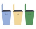 Three garbage cans in blue, yellow and green. The concept of separate collection of waste, care for nature, recycling