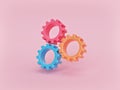 Three gear wheels isolated on pastel pink background. minimal teamwork concept. 3d rendering Royalty Free Stock Photo