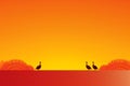 Three Geese Are Standing In Front Of An Orange Sunset