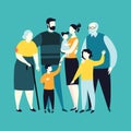 Three generations of family together. Grandma, grandpa, mom, dad, children. Vector illustration flat cartoon style Royalty Free Stock Photo