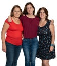 Three generations of latin women smiling and hugging - On a white background Royalty Free Stock Photo