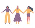 Three generations of women stand together and hold hands. Mother`s day concept