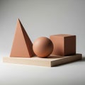 Three geometric shapes a cone sphere and cube sit on a wooden platform Royalty Free Stock Photo