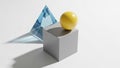 Three geometric shapes a translucent blue pyramid a gray cube Royalty Free Stock Photo