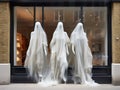 three ghost statues in front of a store window