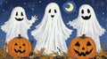 Three ghostly figures with pumpkins and a moon in the background, AI Royalty Free Stock Photo