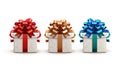 Three gift boxes with elaborate bows on white background