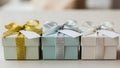 Three gift boxes with metallic ribbons and tags Royalty Free Stock Photo