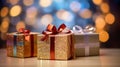 three gift boxes on a wooden table with bokeh lights