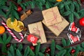 Three gifts in retro packaging on a wooden table close-up, objects Christmas