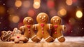 Three gingerbread man dancing on the wooden kitchen table with colorful bokeh in the background