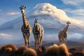 Three giraffes can be seen standing together in front of a majestic mountain, Three giraffe on Kilimanjaro mount background, AI Royalty Free Stock Photo