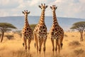 Three giraffes Giraffa camelopardalis in Serengeti National Park, Tanzania, Three giraffes in Serengeti National Park, Tanzania,