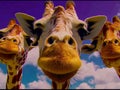 Three giraffes, long necks curved forward, distinctive patterns, ultralow angle, serene pink-purple-blue sky gradient, light and Royalty Free Stock Photo