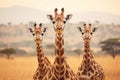 Three giraffes in the savanna of Kenya, Africa, Three giraffes in Serengeti National Park, Tanzania, AI Generated Royalty Free Stock Photo