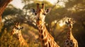 Three giraffes standing in a field, AI