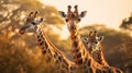 Three giraffes standing in the grass with trees in the background, AI