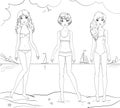 Three girl friends at the beach coloring page