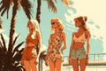 Three girlfriend girls in swimsuits by the pool in summer on vacation