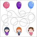 Three girls with balloons. Children`s picture with a riddle. Where is whose ball is?