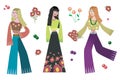 Three girls blonde, brunette and redhead in hippie outfits with flowers isolated vector on white background