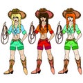 Three girls cowgirl with lasso. Vector illustration. Isolated on Royalty Free Stock Photo