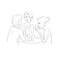 Three girls drinking tea and talking. Vector sketch.