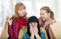 Three girls girlfriends talking about shopping Royalty Free Stock Photo