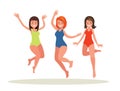 Three girls jumping on white background.